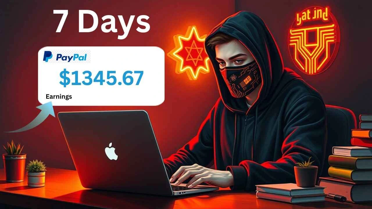 Masked creator in a hoodie typing on a laptop, with an overlay screenshot of PayPal earnings “$1345.67” and the text “7 Days” indicating one-week revenue.