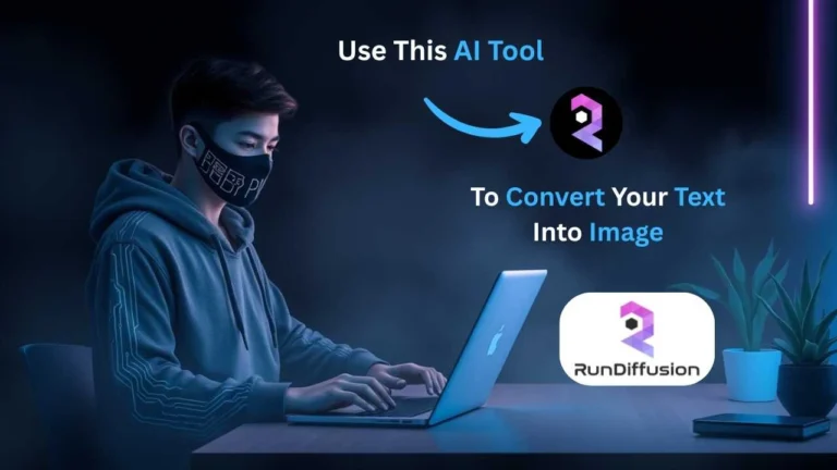 Person wearing a mask and hoodie typing on a laptop, with an overlay arrow pointing to the RunDiffusion logo and the text “Use This AI Tool to Convert Your Text Into Image.