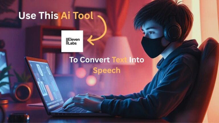A person wearing headphones and a black face mask sits at a laptop in a softly lit room. A graphic overlay shows the ElevenLabs logo with an arrow and the words “Use This AI Tool to Convert Text Into Speech.