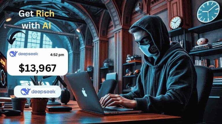 Hooded person wearing a mask types on a laptop at a wooden desk, while on-screen graphics show the DeepSeek logo and a $13,967 earnings notification.