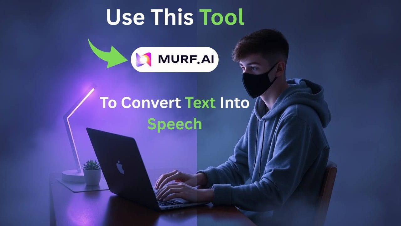 Teenager wearing a black face mask types on a MacBook under purple-and-blue lighting, using Murf.ai’s text‑to‑speech tool.