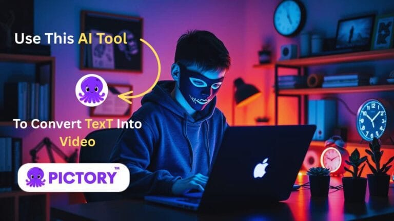 Person using Pictory AI tool to convert text into video in a colorful home office setting