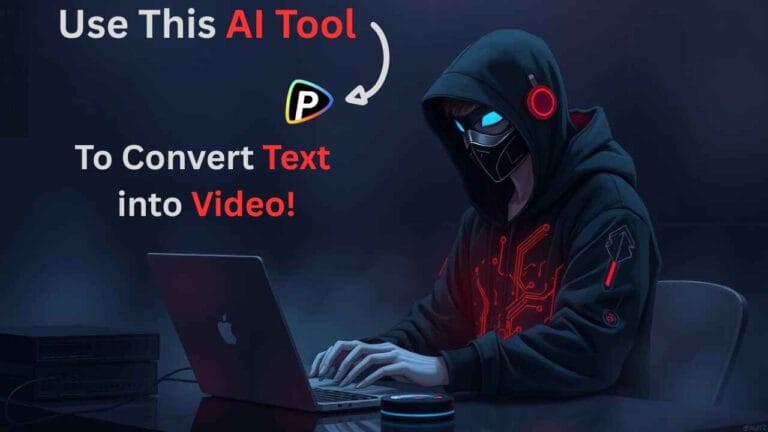 Futuristic hooded creator using an AI text-to-video tool on a laptop.