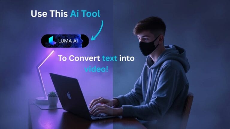 Person at a laptop with neon lighting and an overlay showing the Luma AI logo and the text “Use This AI Tool to Convert Text into Video”.
