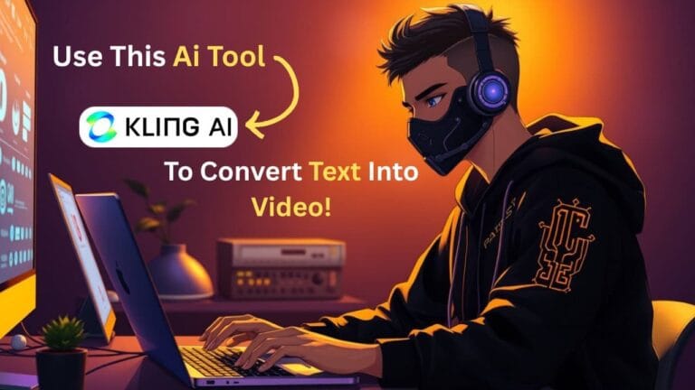 Person wearing a mask and headphones typing at a laptop, with an overlay showing the Kling AI logo and the text “Use This AI Tool to Convert Text Into Video!
