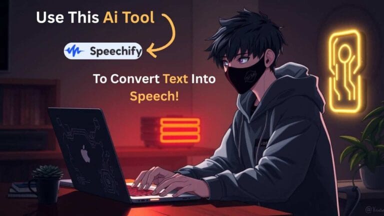 Person wearing a hoodie and mask typing on a laptop in a neon-lit room, with an overlay arrow pointing to the Speechify logo and the text “Use This AI Tool to Convert Text Into Speech!