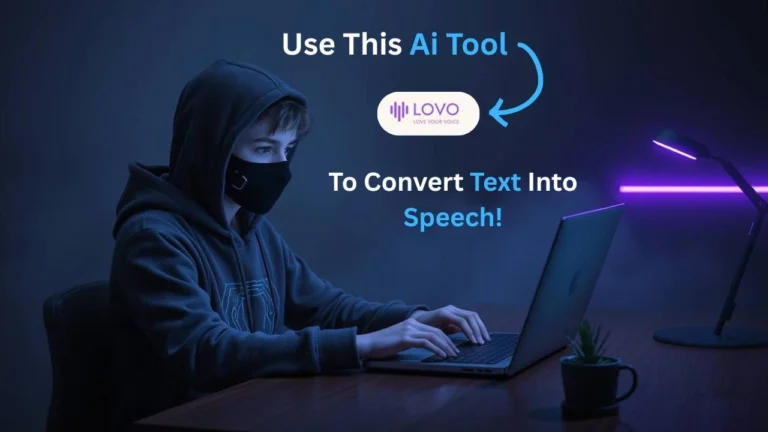 Person in a hoodie and mask typing on a laptop with an overlay arrow pointing to the Lovo.ai logo and the text “Use This AI Tool to Convert Text Into Speech!