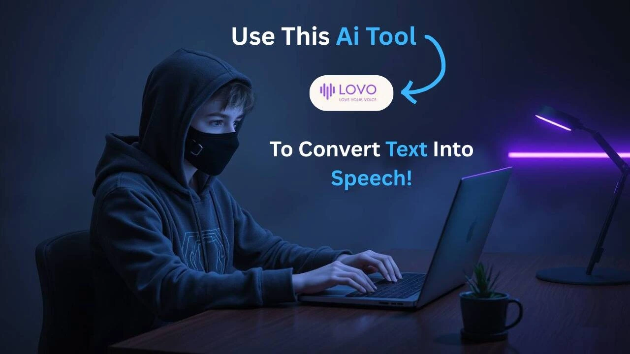 Person in a hoodie and mask typing on a laptop with an overlay arrow pointing to the Lovo.ai logo and the text “Use This AI Tool to Convert Text Into Speech!