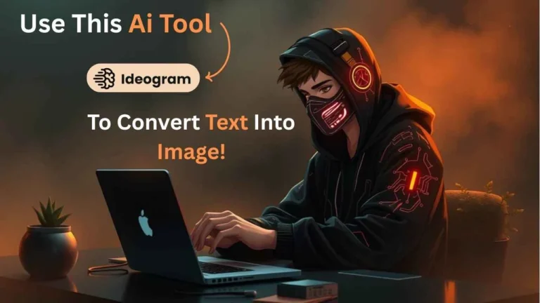 Masked creator in a hood typing on a laptop under warm lighting with an overlay arrow pointing to the Ideogram logo and the text “Use This AI Tool To Convert Text Into Image!