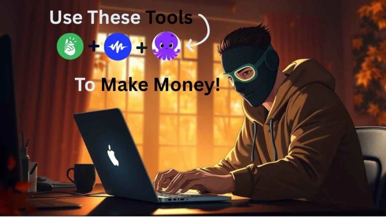Person in a hoodie and mask typing on a laptop in a warmly lit room, with an overlay arrow pointing to icons for Printify, Murf.AI, and Pictory and the text “Use These AI Tools To Make Money!