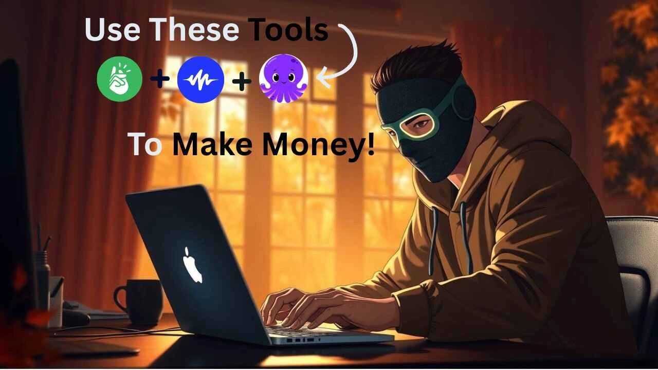 Person in a hoodie and mask typing on a laptop in a warmly lit room, with an overlay arrow pointing to icons for Printify, Murf.AI, and Pictory and the text “Use These AI Tools To Make Money!