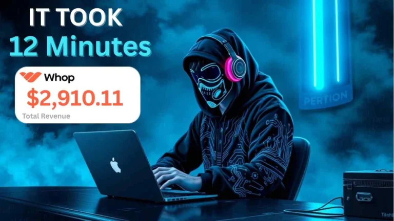 Whop 2025 Blueprint From $0 to $20K Monthly demonstration showing $2,910.11 earned in 12 minutes on Whop.