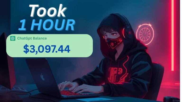 ChatGPT Blueprint How I Generated $1000/Week For Free demo showing $3,097.44 earned in one hour with neon-lit hacker at laptop.