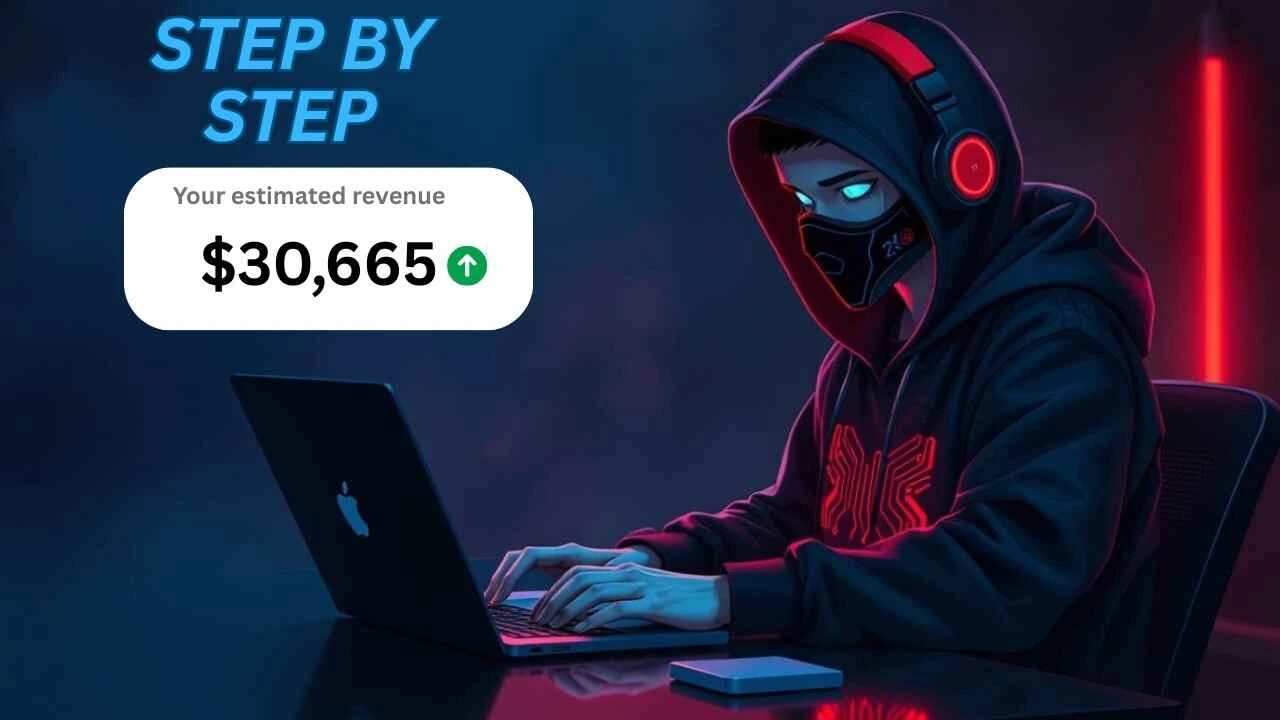 Hooded creator typing at a laptop illustrating the YouTube Automation Blueprint From $0 to $30K Fast and Free with a $30,665 revenue overlay.