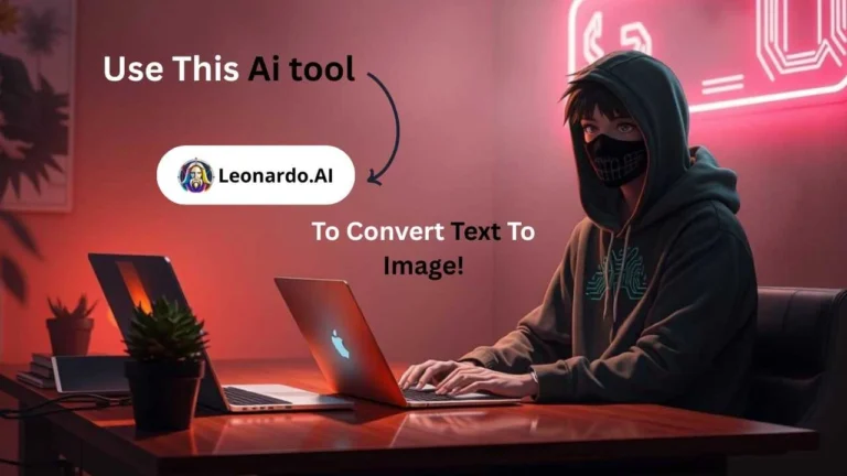 Masked creator in a neon-lit room typing on a laptop, with an arrow pointing to the Leonardo.AI logo and the text “Use This AI Tool to Convert Text to Image!