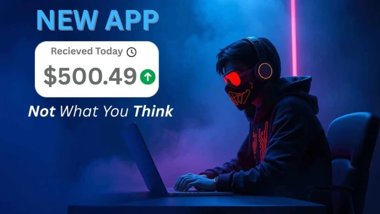Masked creator at a laptop under neon lights with an overlay showing “NEW APP – Received Today: $500.49 (Not What You Think)”.