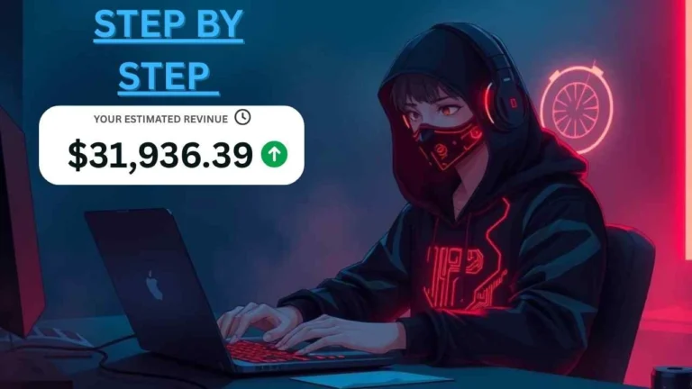 Faceless creator at a neon-lit laptop with overlay “Step by Step” and “Your Estimated Revenue $31,936.39” for the 2025 YouTube Automation Guide Earn $30k in Two Months.
