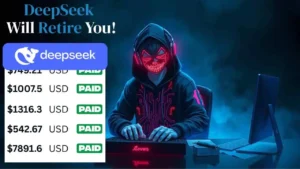 DeepSeek earnings dashboard and a neon-lit user at a laptop illustrating how to make $1,000 daily with DeepSeek.