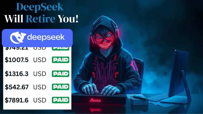 DeepSeek earnings dashboard and a neon-lit user at a laptop illustrating how to make $1,000 daily with DeepSeek.